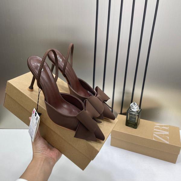 Zara Women Brown PU Bow-Detail High-Heeled Mules With OG Box Brown 6528-5
