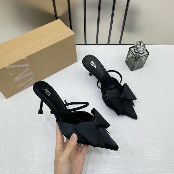 Zara Women Black PU Bow Detail High Heeled Mules With OG Box Black 6528-5