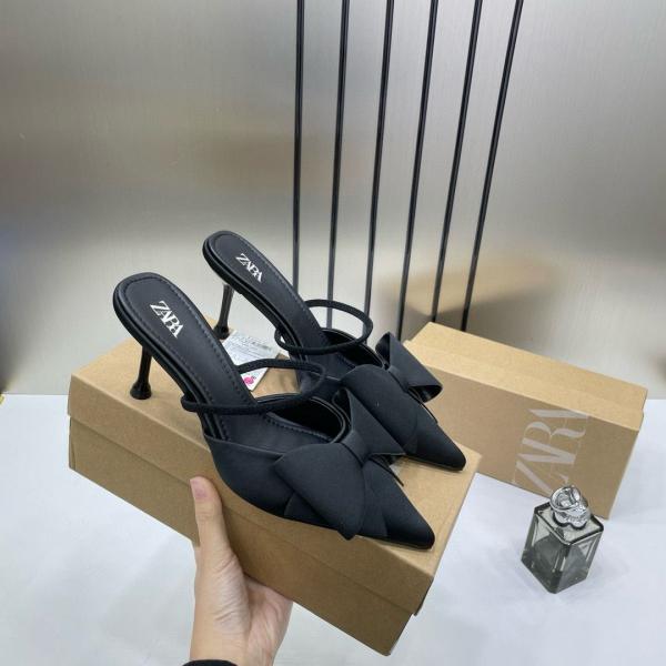 Zara Women Black PU Bow Detail High Heeled Mules With OG Box Black 6528-5