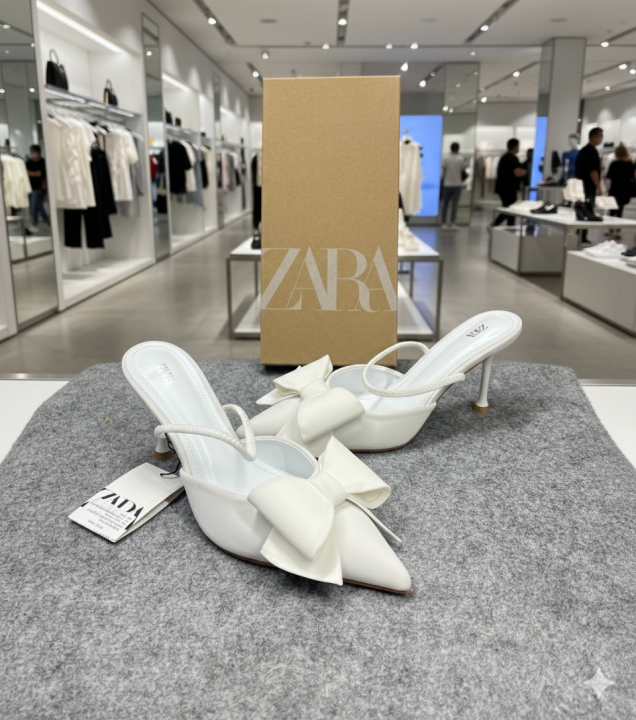 Zara Women White PU Bow-Detail High-Heeled Mules With OG Box White 6528-5
