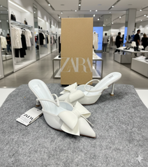 Zara Women White PU Bow-Detail High-Heeled Mules With OG Box White 6528-5