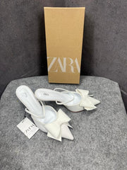 Zara Women White PU Bow-Detail High-Heeled Mules With OG Box White 6528-5