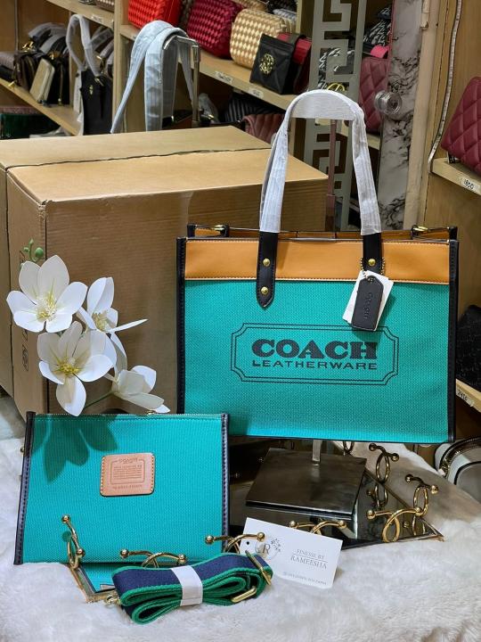 Coach Field Tote 30 Authenic Green Canvas  Leather With Pouch OG Box & Dust Bag 6739 Green