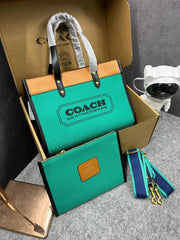 Coach Field Tote 30 Authenic Green Canvas  Leather With Pouch OG Box & Dust Bag 6739 Green