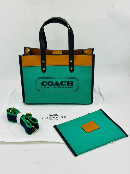 Coach Field Tote 30 Authenic Green Canvas  Leather With Pouch OG Box & Dust Bag 6739 Green