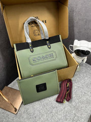 Coach Field Tote 30 Authenic Black Canvas Olive Leather With Pouch OG Box & Dust Bag 6739 Olive