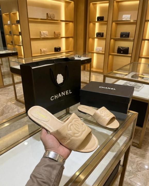 Chanel Lambskin Quilted CC Platform Mules Apricot Beige With OG Box Carry Bag 21P