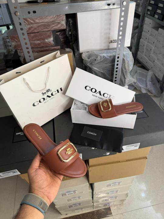 Coach Coffee Leather Slide Coffee With OG Box Dust Cover A1892 Coffee