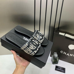 Chanel Tweed Fabric Slide Sandals With OG Box & Carry Bag Black CC Logo 1892