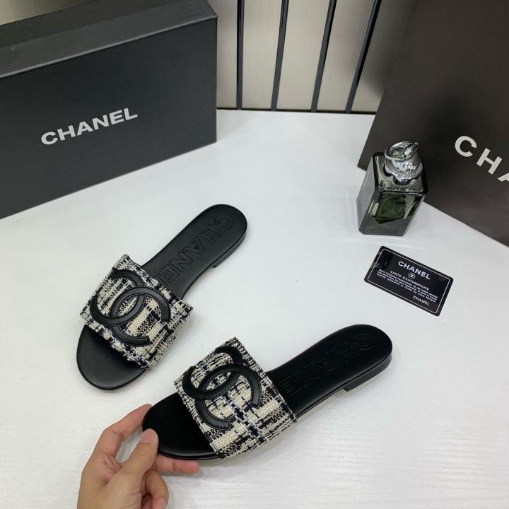 Chanel Tweed Fabric Slide Sandals With OG Box & Carry Bag Black CC Logo 1892