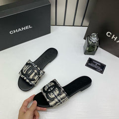 Chanel Tweed Fabric Slide Sandals With OG Box & Carry Bag Black CC Logo 1892