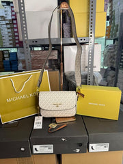 Michael Kors Jet Set Medium Monogram Cross Body Bag Beige Brown 2243 With OG Box Dust Cover Carry Bag
