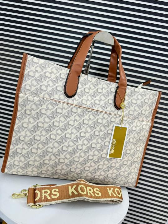 Michael Kors Gigi Mk Large Empire Signature Logo Tote With Dust Bag Beige Brown 10087