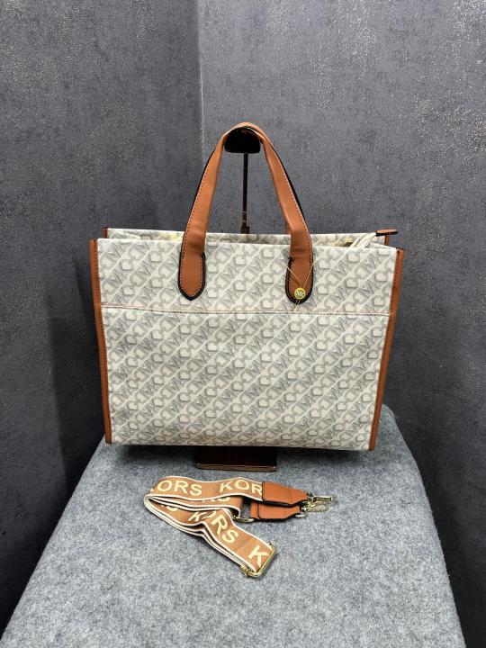 Michael Kors Gigi Mk Large Empire Signature Logo Tote With Dust Bag Beige Brown 10087
