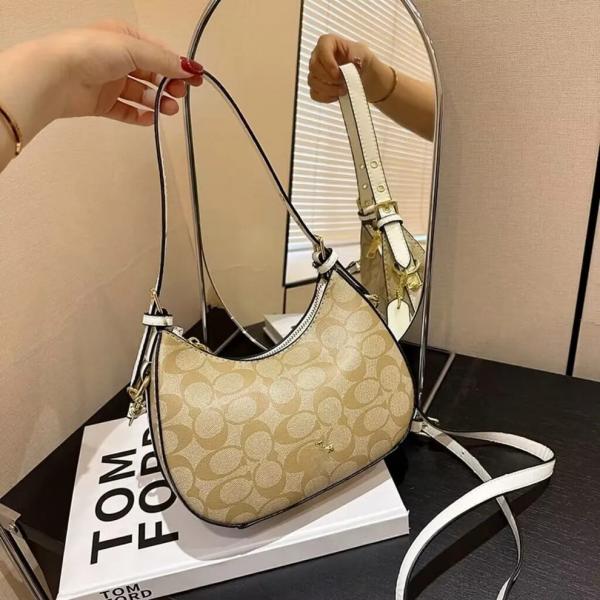 Coach Kleo Hobo In Signature Canvas With Box & Dust Bag & Sling Belt Apricot White C8470