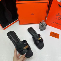 Hermes Paris Oran Flats For Her With OG Box & Carry Bag H38-41 Black Slide