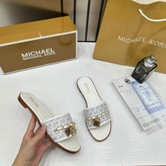 Michael Kors Mandy Signature Logo Slide Sandal Beige With OG Box & Carry Bag 918-6 Beige