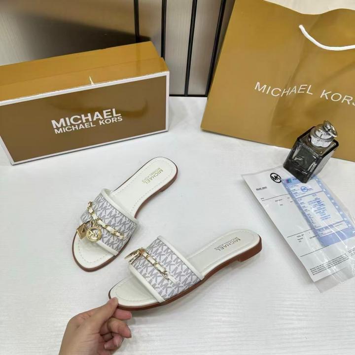 Michael Kors Mandy Signature Logo Slide Sandal Beige With OG Box & Carry Bag 918-6 Beige