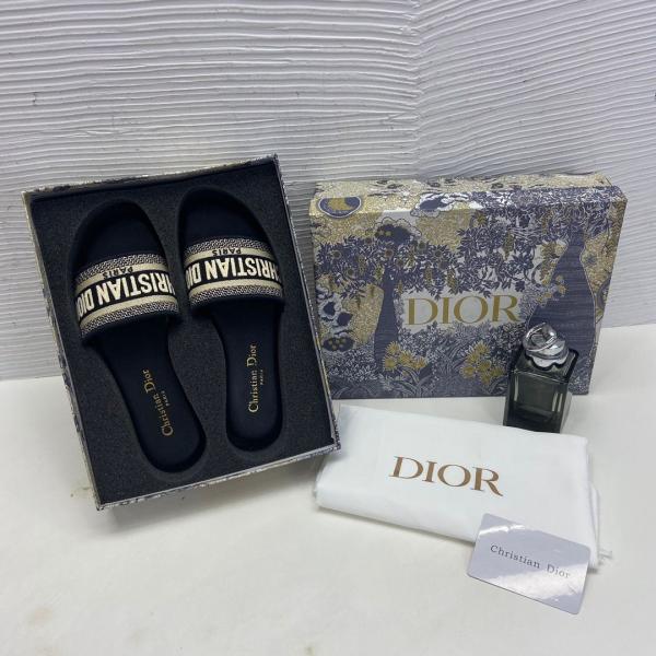 Christian Dior Dway Slide In Navy Blue Signature Embroidered With OG Box Carry Bag 2019-1 Navy Blue