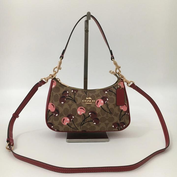 Coach Teri Shoulder Bag Signature Canvas Cherry Print Dark Apricot Caramel With OG Box Dust Cover Carry Bag 88075