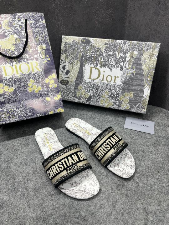 Christian Dior Dway Slide In Grey Black Signature Embroidered With OG Box Carry Bag 2019 1 Grey Black