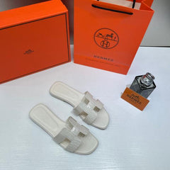 Hermes Paris Oran Flats Croc Leather White For Her With OG Box & Carry Bag White Slide