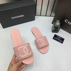 Chanel Tweed Fabric Slide Sandals With OG  Box & Carry Bag Pink CC Logo 1892