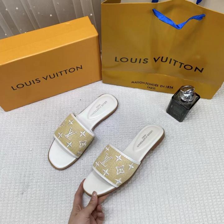 Louis Vuitton Monogram Raffia Slide Sandals Beige & White With OG Box & Carry Bag