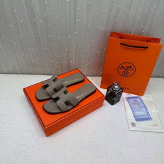 Hermes Paris Oran Flats For Her With OG Box & Carry Bag Taupe Brown Slide H38