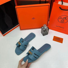 Hermes Paris Oran Flats For Her With OG Box & Carry Bag H38-41 Blue Jean Slide