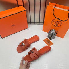 Hermes Paris Oran Flats For Her With OG Box & Carry Bag H38-41 Burnt Orange Slide