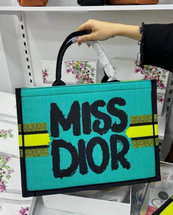 Miss Dior By Christian Dior Graffiti Book Large Tote With OG Box & Dust Bag & Scarf (Yellow Green 41cm)