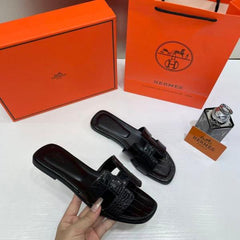 Hermes Paris Oran Flats Croc Leather Black For Her With OG Box & Carry Bag Black Slide H-38