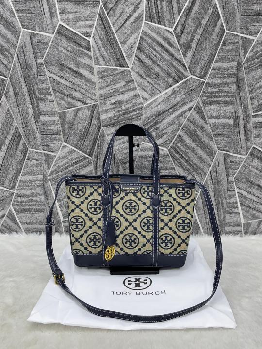 Tory Burch Small Tote Jacquard Signature Blue With Dust Bag Blue