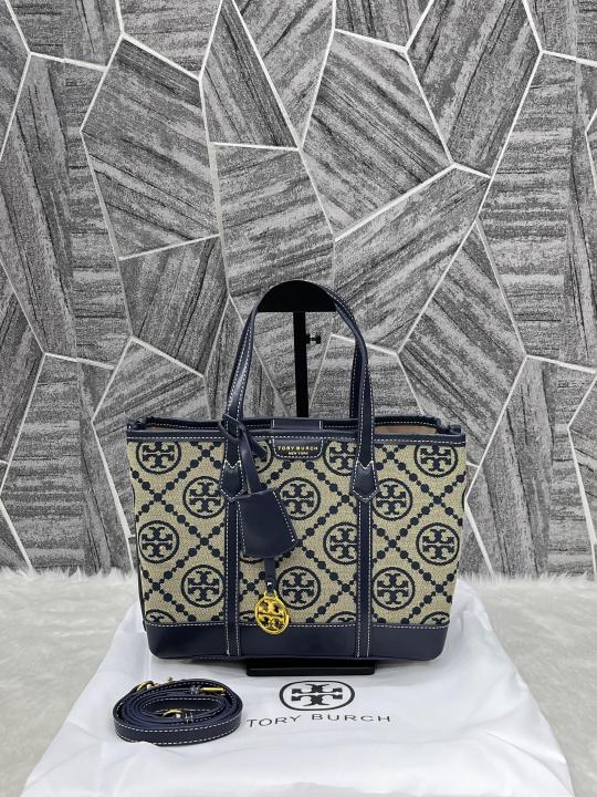 Tory Burch Small Tote Jacquard Signature Blue With Dust Bag Blue