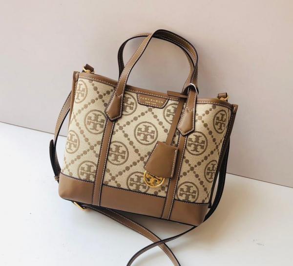 Tory Burch Small Tote Jacquard Signature Brown With Dust Bag Brown
