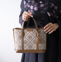 Tory Burch Small Tote Jacquard Signature Brown With Dust Bag Brown