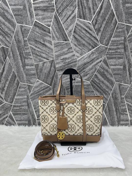 Tory Burch Small Tote Jacquard Signature Brown With Dust Bag Brown