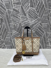 Tory Burch Small Tote Jacquard Signature Brown With Dust Bag Brown