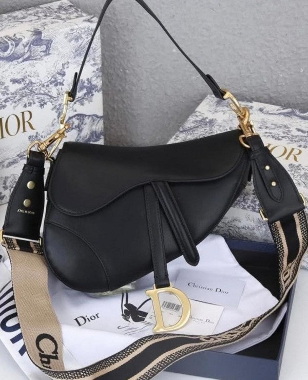Christian Dior Saddle Bag Black Leather With OG Box Dust Bag Black 1806 Black