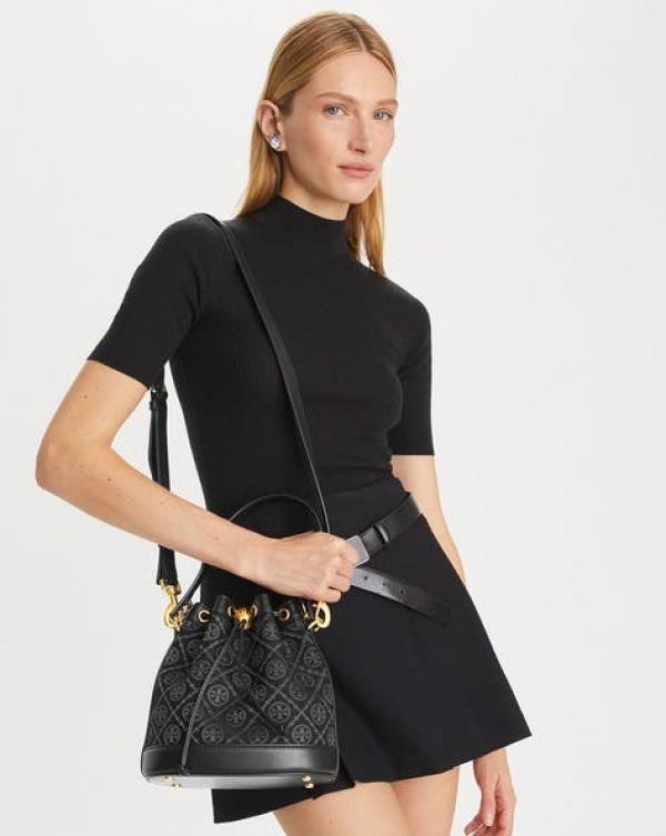 Tory Burch T Monogram Jacquard Bucket Bag With OG Box & Dust Cover Black
