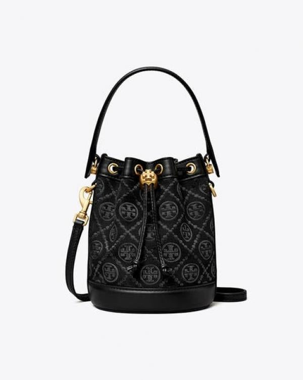 Tory Burch T Monogram Jacquard Bucket Bag With OG Box & Dust Cover Black