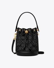 Tory Burch T Monogram Jacquard Bucket Bag With OG Box & Dust Cover Black