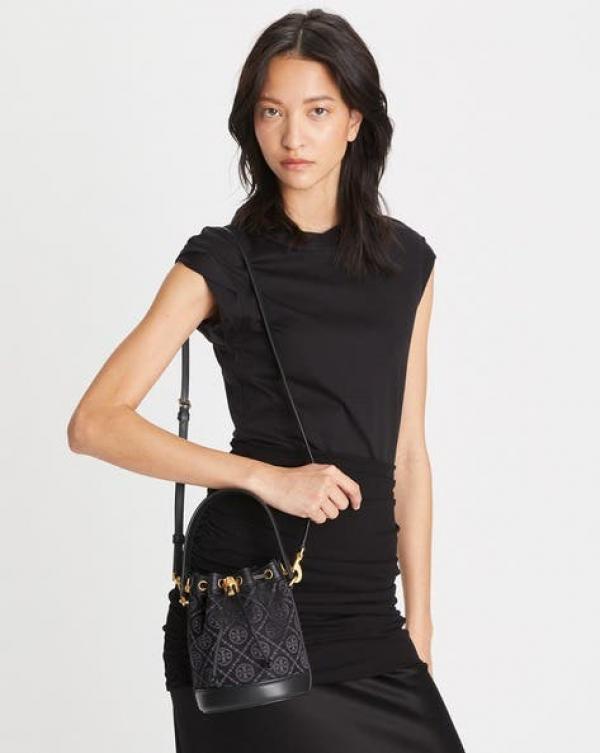 Tory Burch T Monogram Jacquard Bucket Bag With OG Box & Dust Cover Black