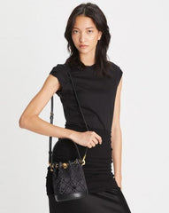 Tory Burch T Monogram Jacquard Bucket Bag With OG Box & Dust Cover Black