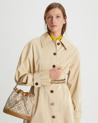 Tory Burch T Monogram Jacquard Bucket Bag With OG  Box & Dust Cover Brown