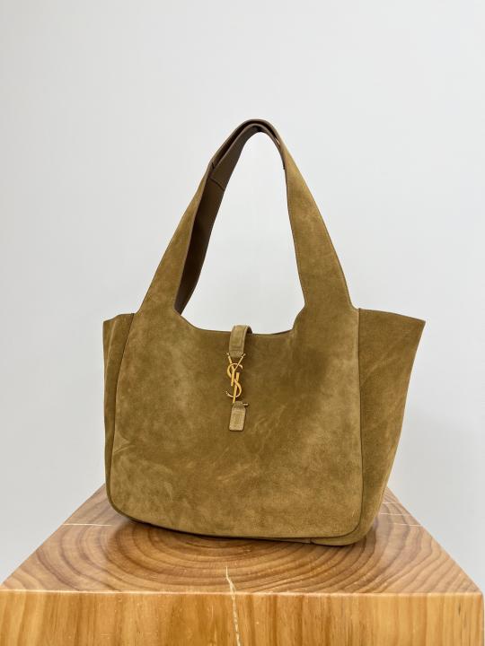 YSL Saint Laurent Le 5 7 Bea Textured leather Fleece Khakhi Tote With Dust Cover Carry Bag 6166