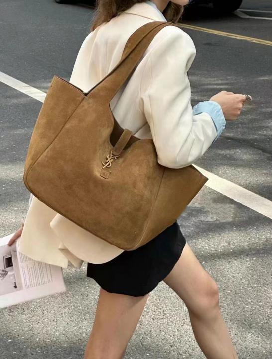 YSL Saint Laurent Le 5 7 Bea Textured leather Fleece Khakhi Tote With Dust Cover Carry Bag 6166