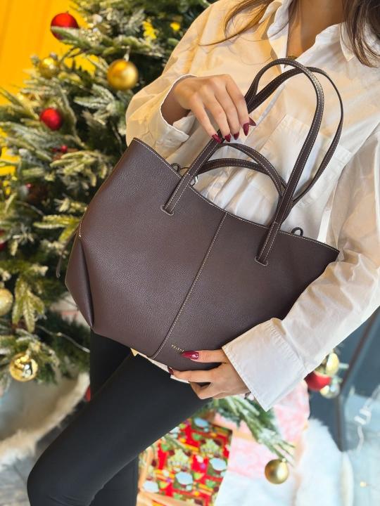 Polene Cyme Large Tote With Wallet & Original Dust Cover Dark Brown