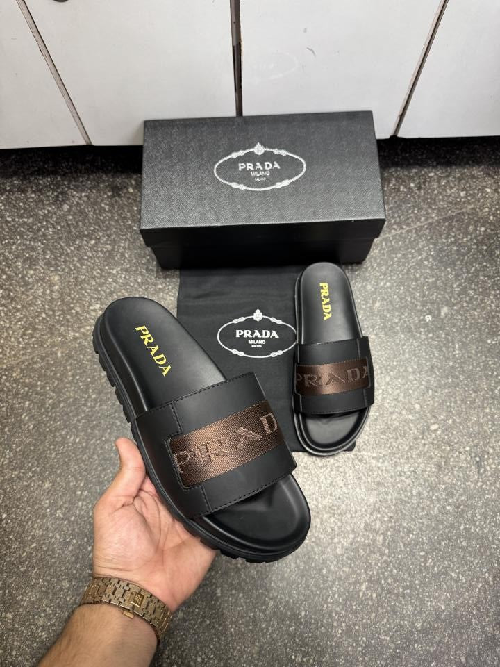 Prada Logo Leather Slides Brown Strap Premium